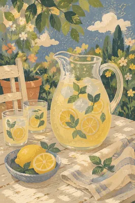 Refreshing Lemonade Pitcher on Garden Patio