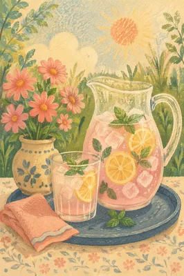 Pastel Lemonade Pitcher with Mint in Garden