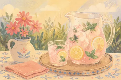 Pink Lemonade Pitcher in Summer Garden
