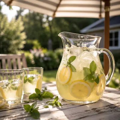 Refreshing Summer Lemonade Pitcher on Patio Table