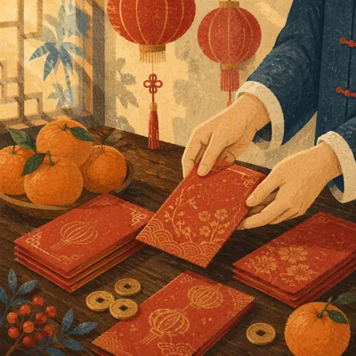 Lunar New Year Red Envelopes and Lanterns