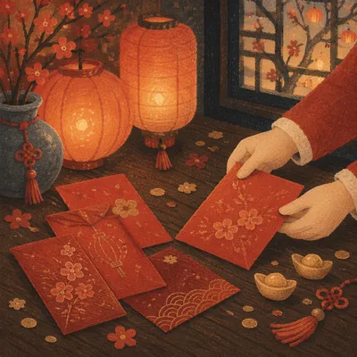 Lunar New Year Red Envelopes and Lanterns