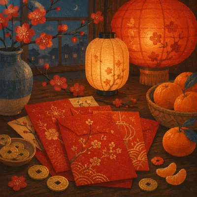 Lunar New Year Red Envelopes and Lanterns