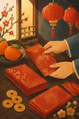 Lunar New Year Red Envelopes and Lanterns