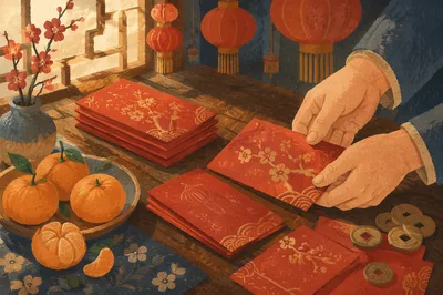 Lunar New Year Red Envelopes and Lanterns