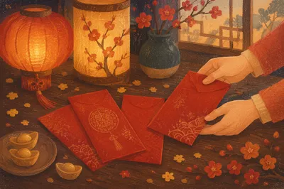 Lunar New Year Red Envelopes and Lanterns