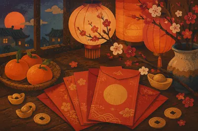 Lunar New Year Red Envelopes and Lanterns