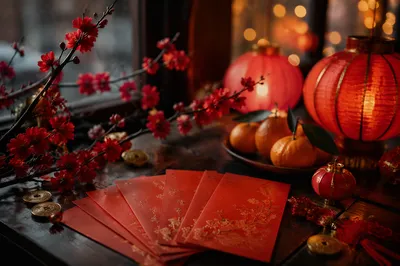 Lunar New Year Red Envelopes and Lanterns