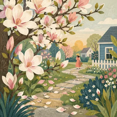 Blooming Magnolia Tree in Spring Garden