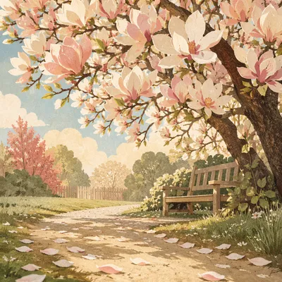 Blooming Magnolia Tree on Spring Morning