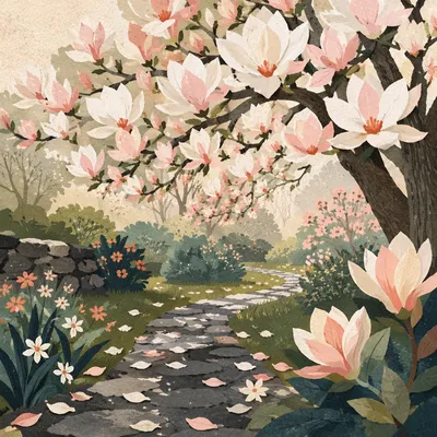 Blooming Magnolia Tree Over Spring Garden Path