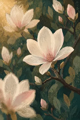 Blooming Magnolia Blossoms in Early Spring Light