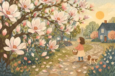 Blooming Magnolia Tree in Spring Garden