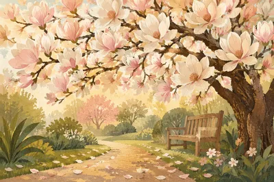 Blooming Magnolia Tree on Spring Morning
