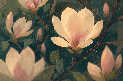 Blooming Magnolia Blossoms in Early Spring Light