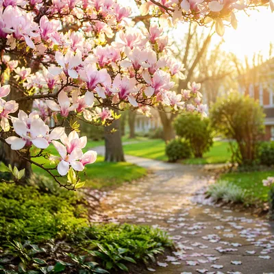 Blooming Magnolia Tree on Spring Morning