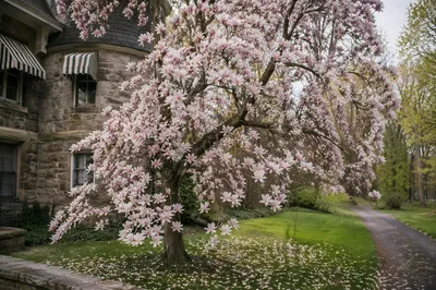 Blooming Magnolia Tree in Spring Garden