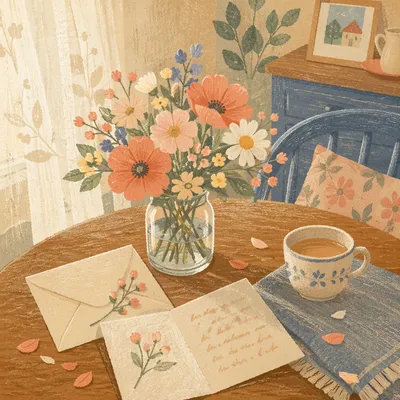 Mothers Day Flowers and Card Table Scene