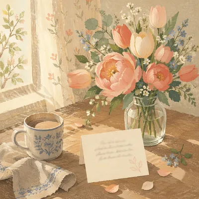 Mothers Day Flowers and Card Table Scene