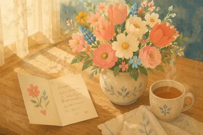 Mothers Day Flowers and Card Tabletop