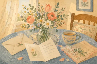 Mothers Day Flowers and Card Table Scene