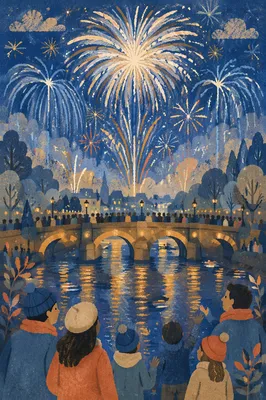 New Year Fireworks Over Historic City Bridge