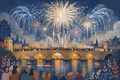 New Year Fireworks Over Historic City Bridge