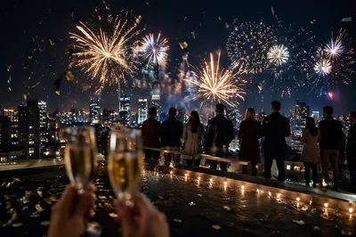 New Year Fireworks Over City Skyline