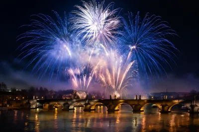 New Year Fireworks Over Historic City Bridge