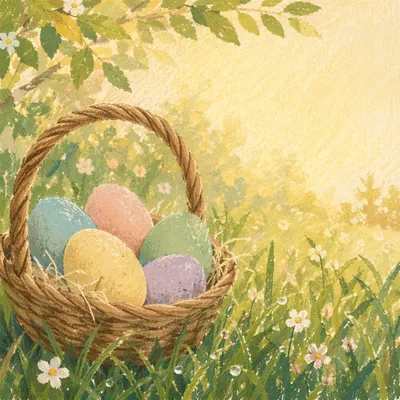 Pastel Easter Eggs in Woven Basket
