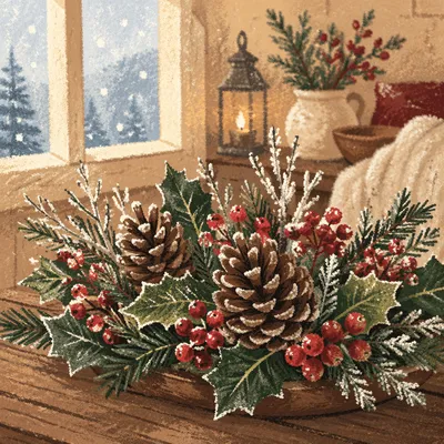 Rustic Pine Cone and Holly Winter Arrangement