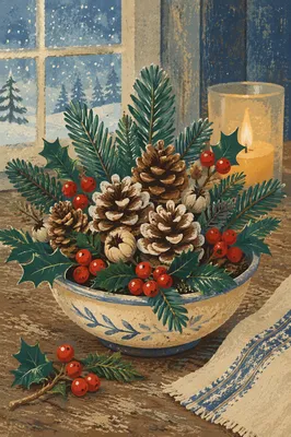 Frosted Pine Cone and Holly Winter Centerpiece