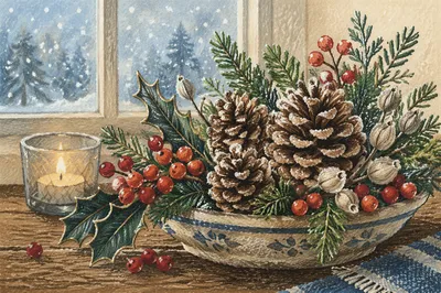 Winter Pine Cone and Holly Centerpiece