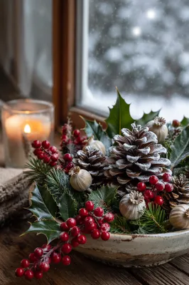 Frosted Pine Cones and Holly Winter Centerpiece