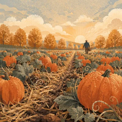 Autumn Pumpkin Patch Rows at Sunrise