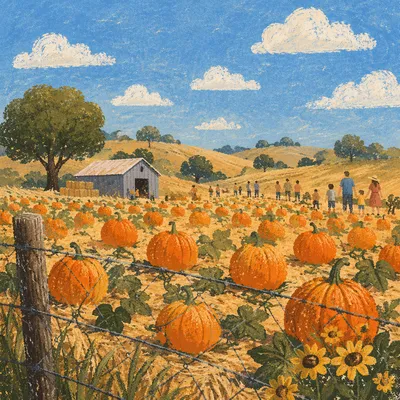 Autumn Pumpkin Patch Rows Under Blue Sky