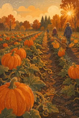 Golden Autumn Pumpkin Patch Harvest Rows