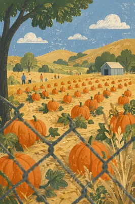 Autumn Pumpkin Patch Rows Under Blue Sky
