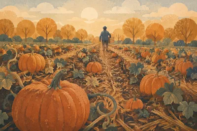 Autumn Pumpkin Patch Rows at Sunrise
