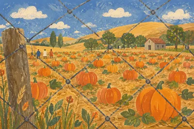 Autumn Pumpkin Patch Rows Beyond Farm Fence