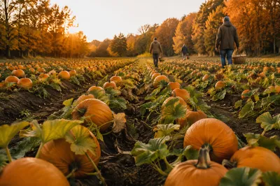 Autumn Pumpkin Patch Rows at Sunset