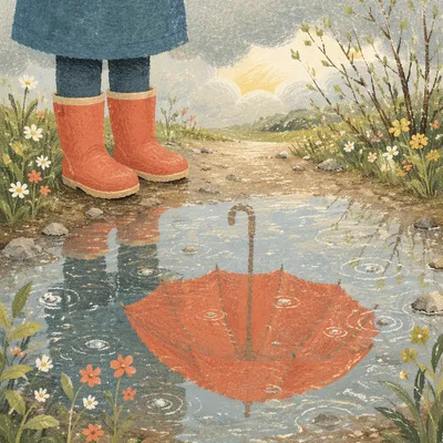 Rain Boots and Umbrella Spring Puddle