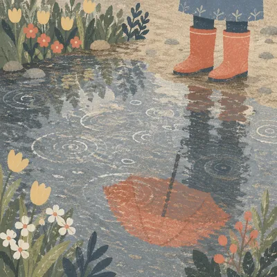 Spring Rain Puddle with Boots and Umbrella
