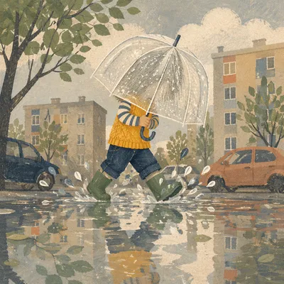 Child Splashing in Spring Rain Puddle