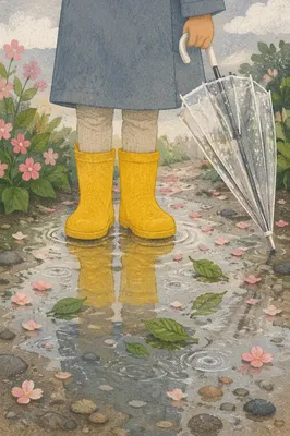 Yellow Rain Boots on Spring Puddle