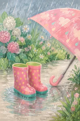 Pink Rain Boots and Umbrella Puddle