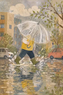 Child in Rain Boots on Spring Puddle