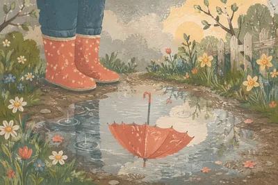Rain Boots by Puddle on Spring Path