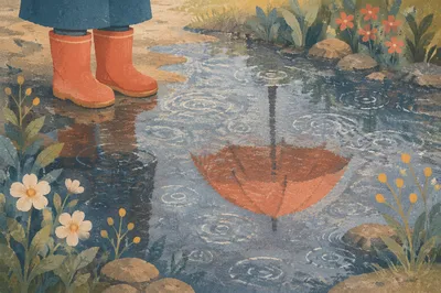 Spring Rain Puddle with Boots Reflection