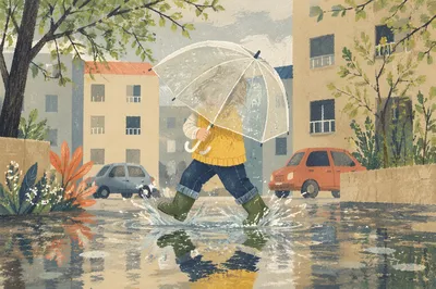 Child in Rain Boots on Spring Puddle
